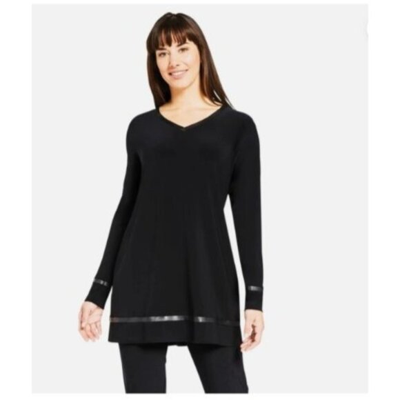 Sympli Womens Frame V-Neck Tunic Top sz 12 Black Long Sleeve faux leather trim - Picture 1 of 7